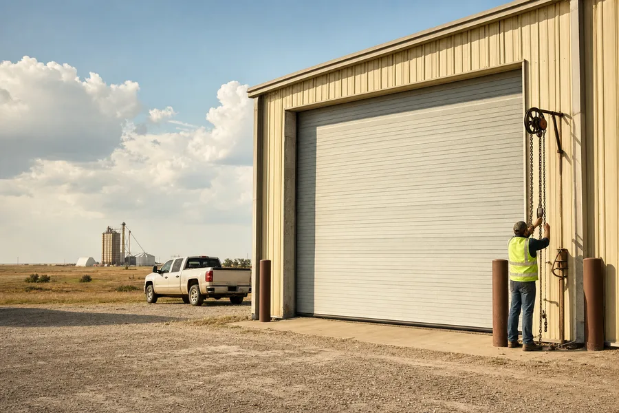 Technician inspecting a commercial roll-up door on a warehouse