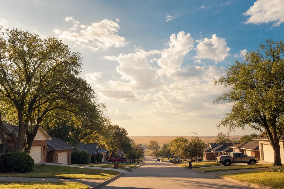 Quiet residential street of brick homes with two-car garages in Ponca City